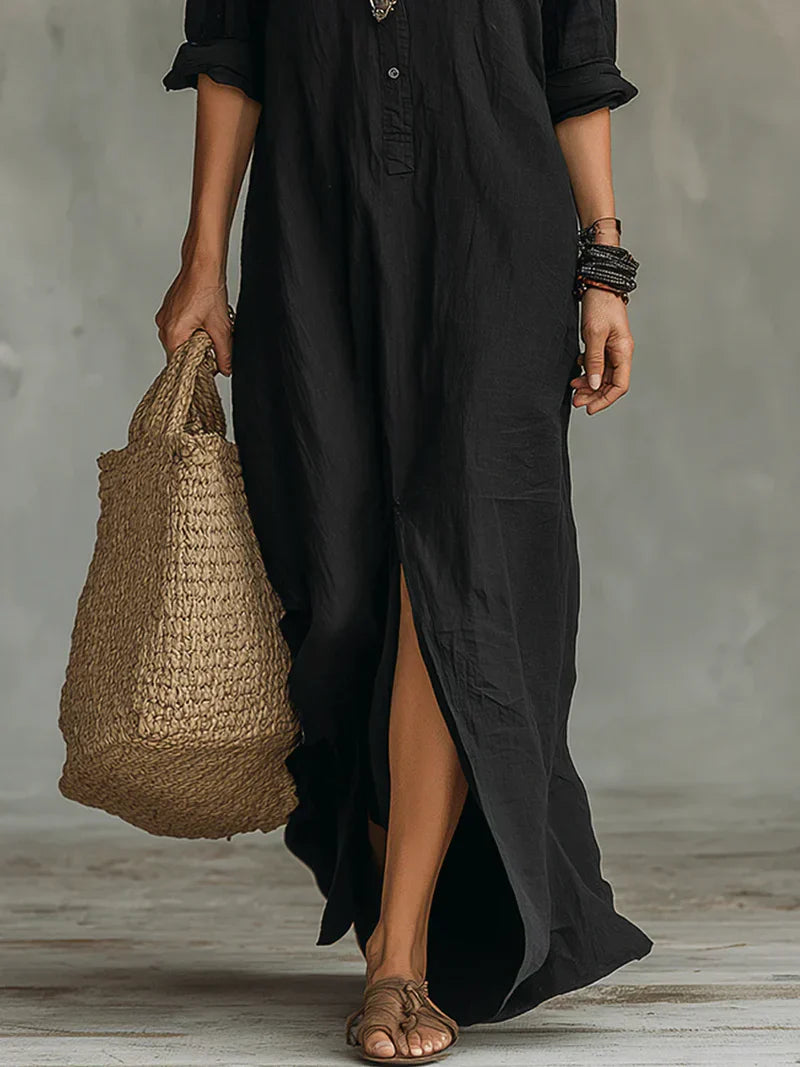 Isabelle | Robe Maxi Noire Ample À Boutons