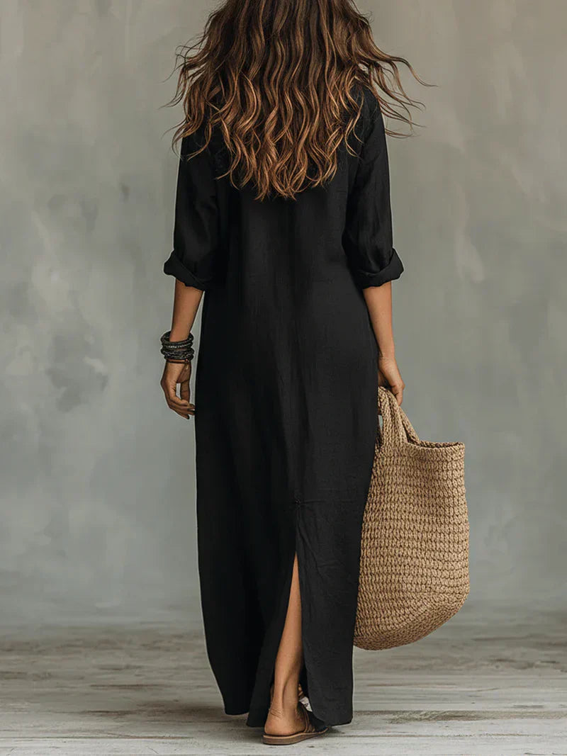 Isabelle | Robe Maxi Noire Ample À Boutons