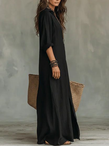 Isabelle | Robe Maxi Noire Ample À Boutons