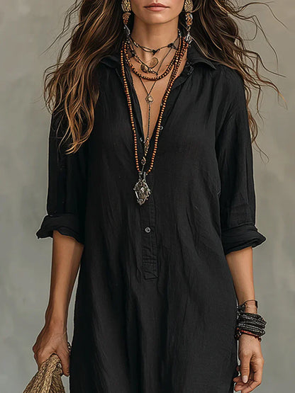 Isabelle | Robe Maxi Noire Ample À Boutons